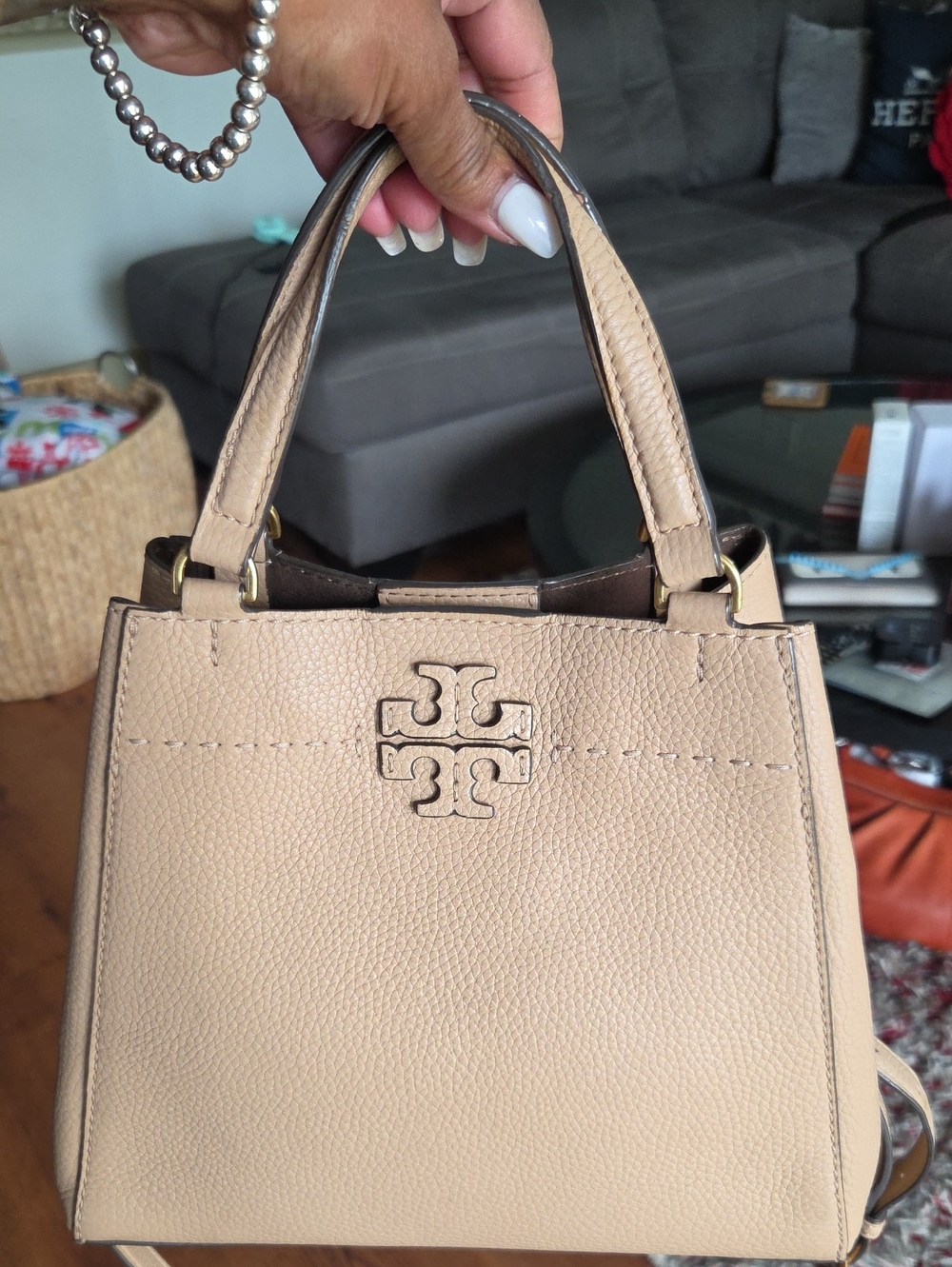 Tory Burch Tan Pebbled Leather Shoulder Bag with Logo